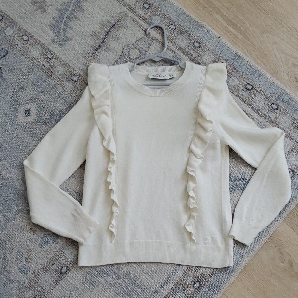 Vineyard Vines Girls Off White Cashmere Wool Blend Ruffle Sweater SzM